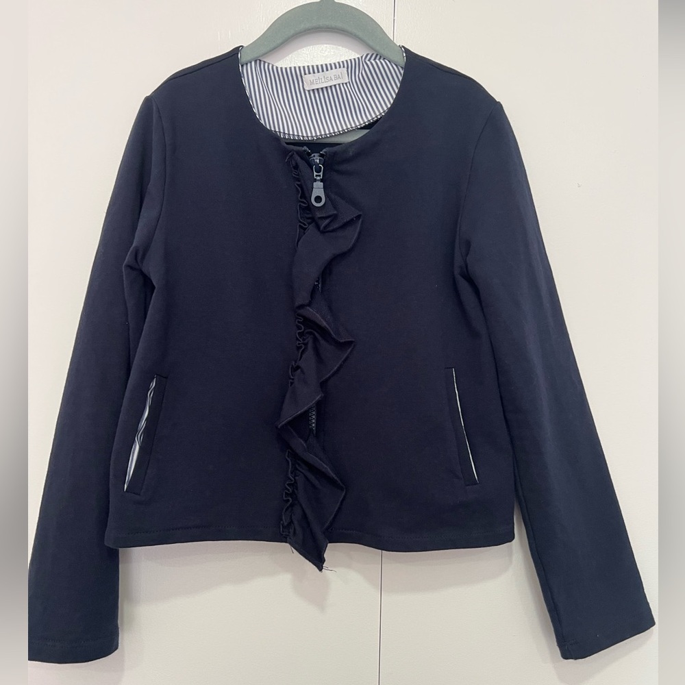 Girls Navy Cotton Ruffled Zip Cardigan Size 7 (high quality Italian brand)